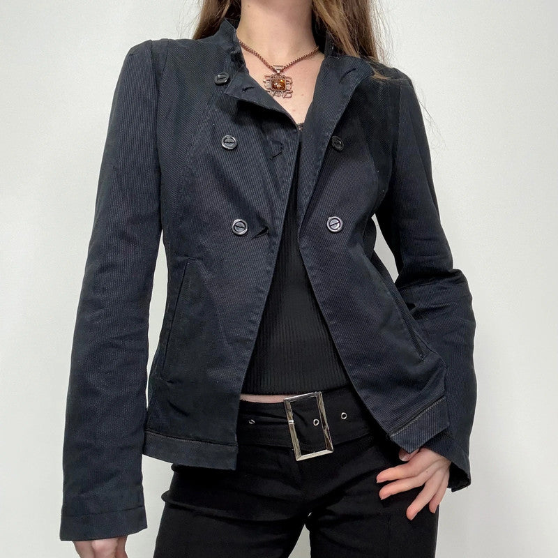 navy pinstripe fitted asymmetric jacket