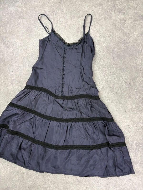 navy and lack lace flared tiered midi dress