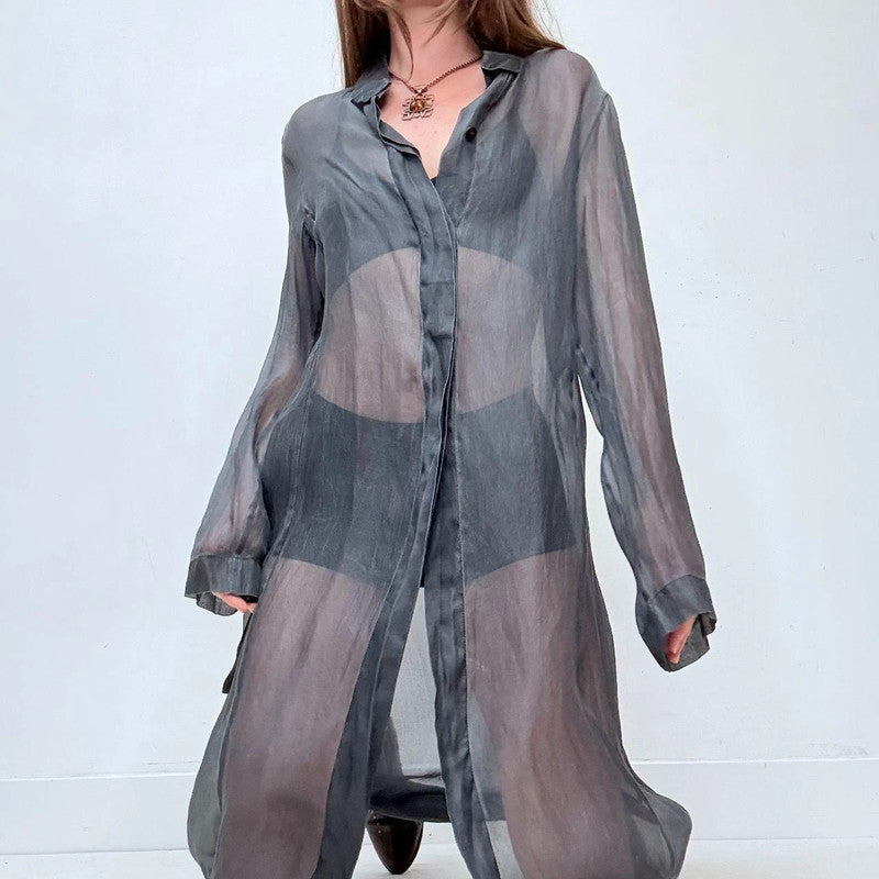 blue silk sheer long-shirt dress
