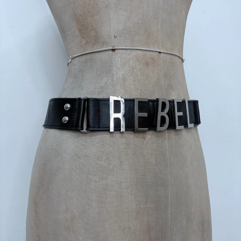 black faux leather silver spellout belt
