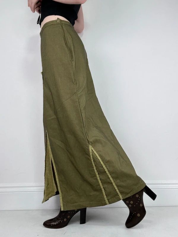 asymmetric khaki maxi skirt