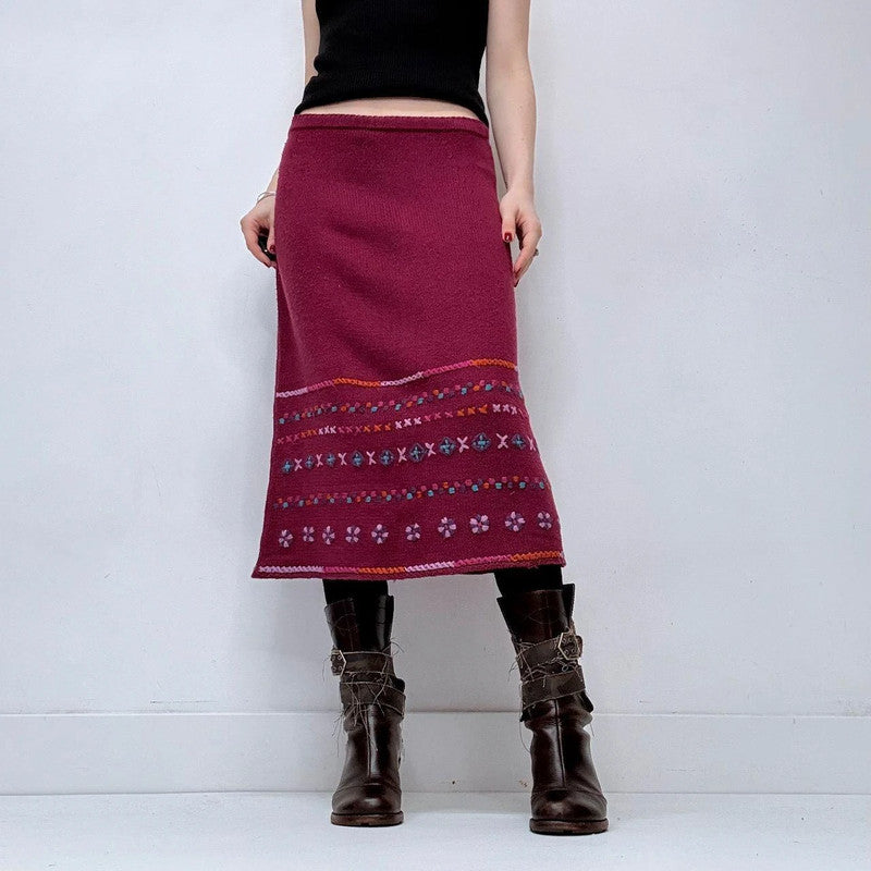 pink hippie knitted embroidered midi skirt