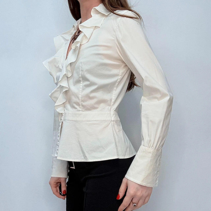 white ruffle fitted shirt