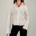 white cinched pleated flared shirt