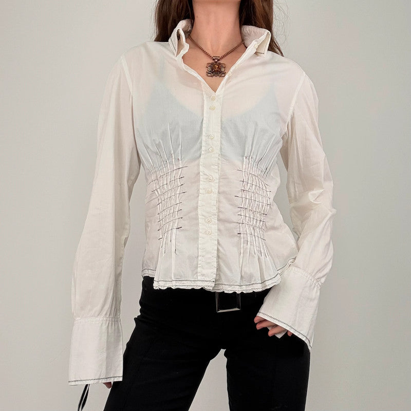 white cinched pleated flared shirt