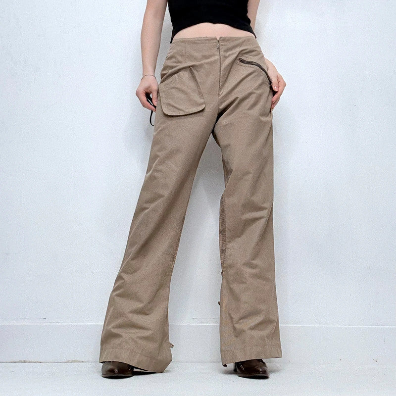 tan utility flared checked trousers