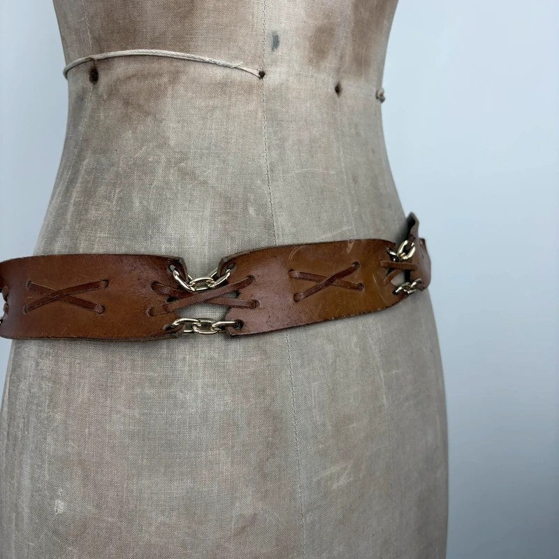 Boho tan leather belt with gold chain and tassel suede