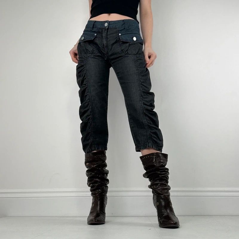 gathered cinched denim cropped pants