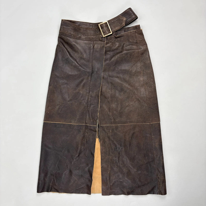 chocolate brown leather a-line midi skirt