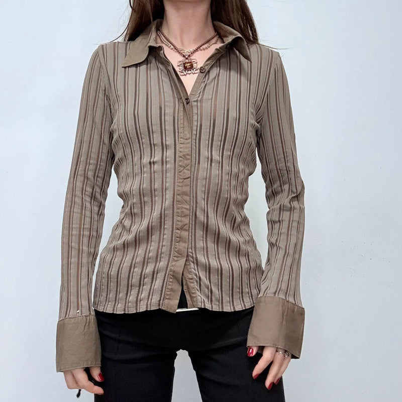 brown pinstripe flared shirt