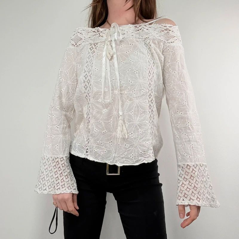 white lace embroidered off the shoulder lace blouse