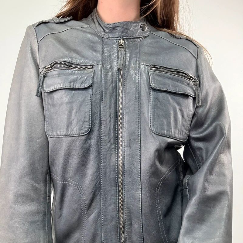 distressed leather boxy biker jacket