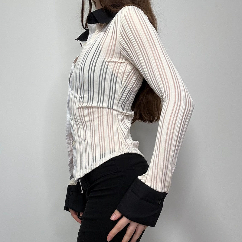 fitted ribbed sheer pinstripe shirt