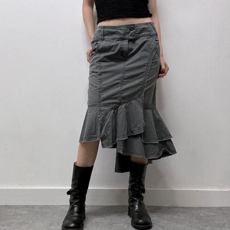 khaki denim asymmetric ruffle skirt