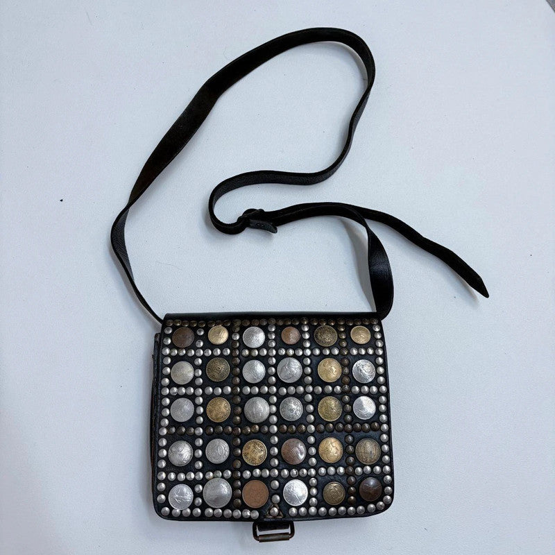 black leather studded coin bag