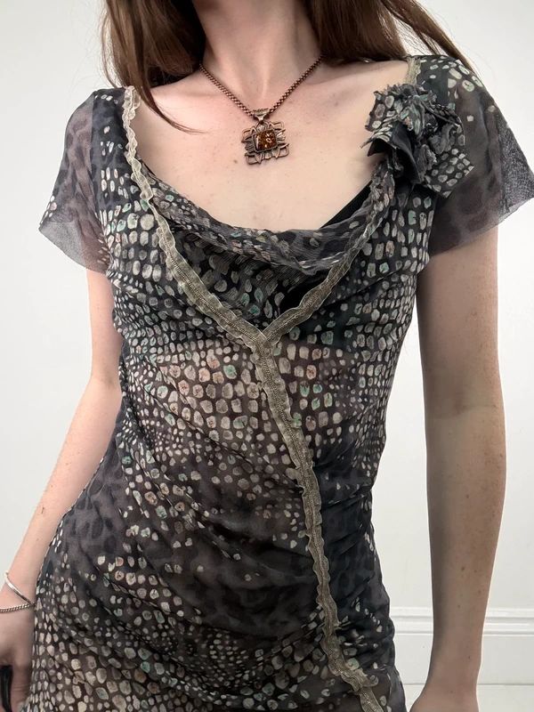 slouchy grey polkadot snake cowl neck draped mini dress