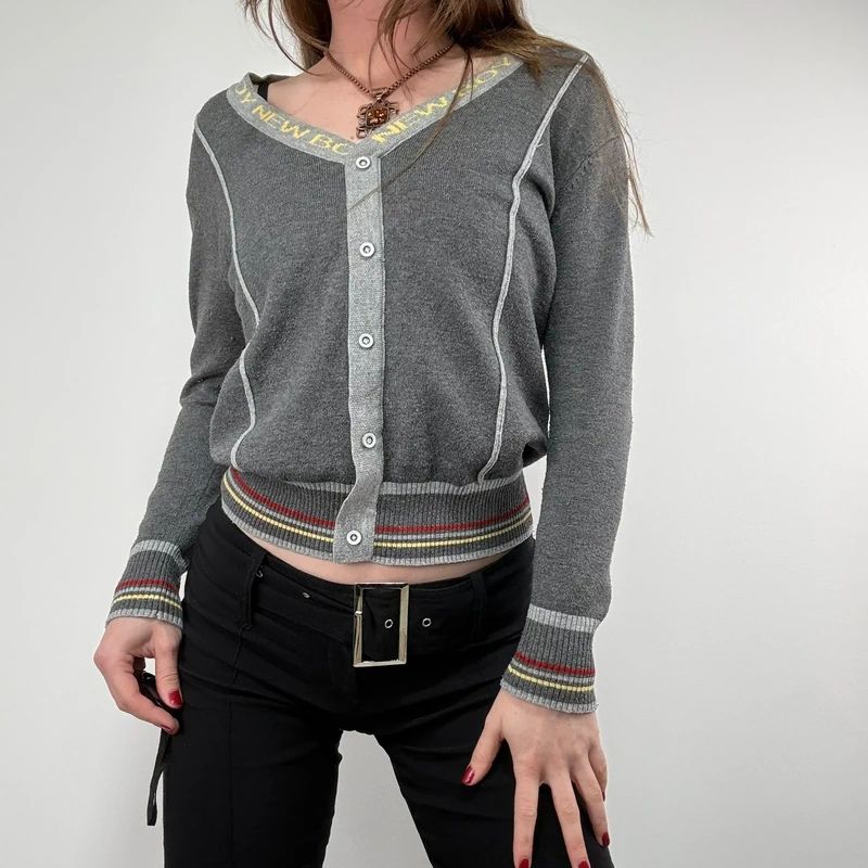 grey cropped knit pinstripe cardigan