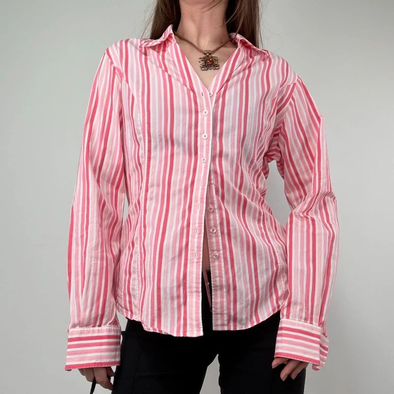 Pink Pinstripe Fitted Shirt with V-neck button style front.