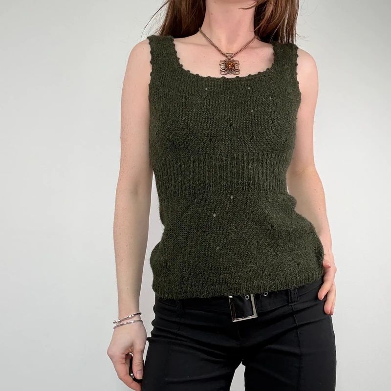 khaki knitted mohair pointelle vest