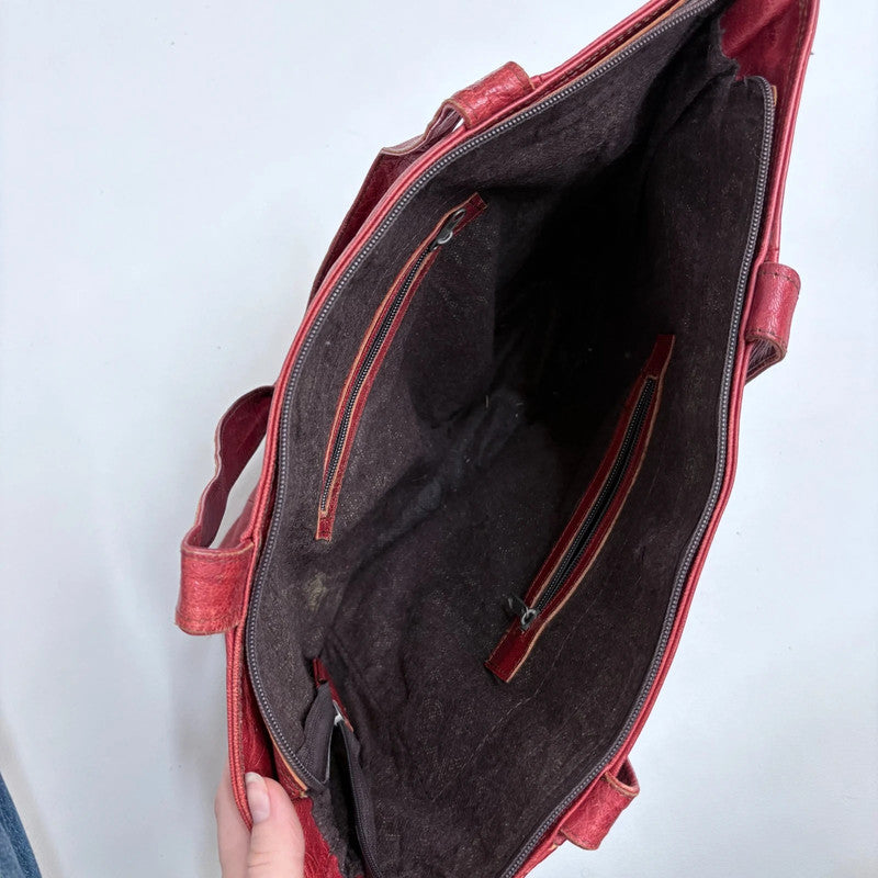 red leather tote bag