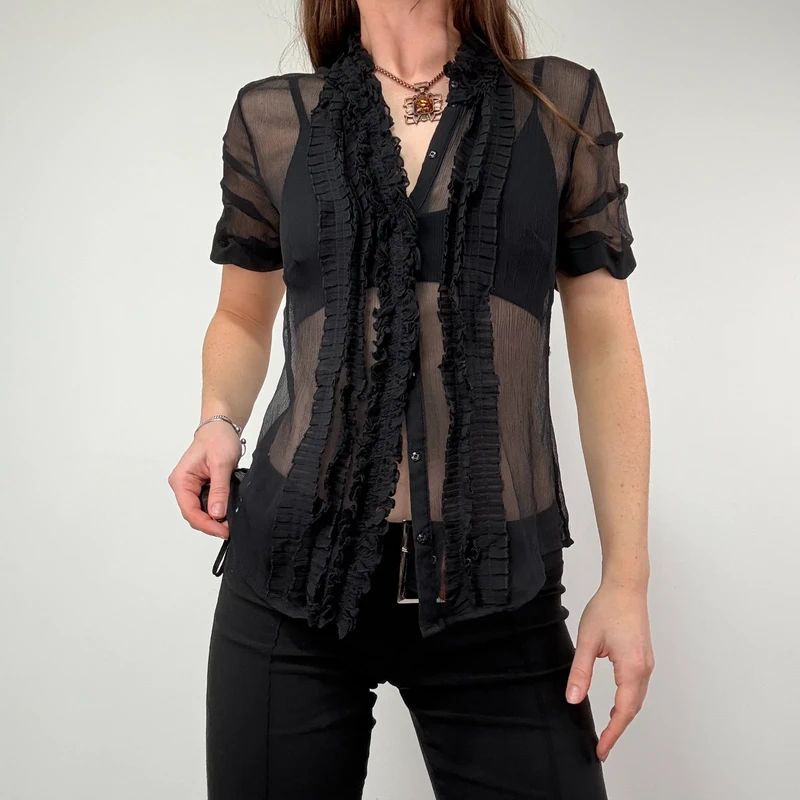 black sheer silk ruffle shirt with short sleeves