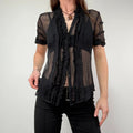 black sheer silk ruffle shirt with short sleeves