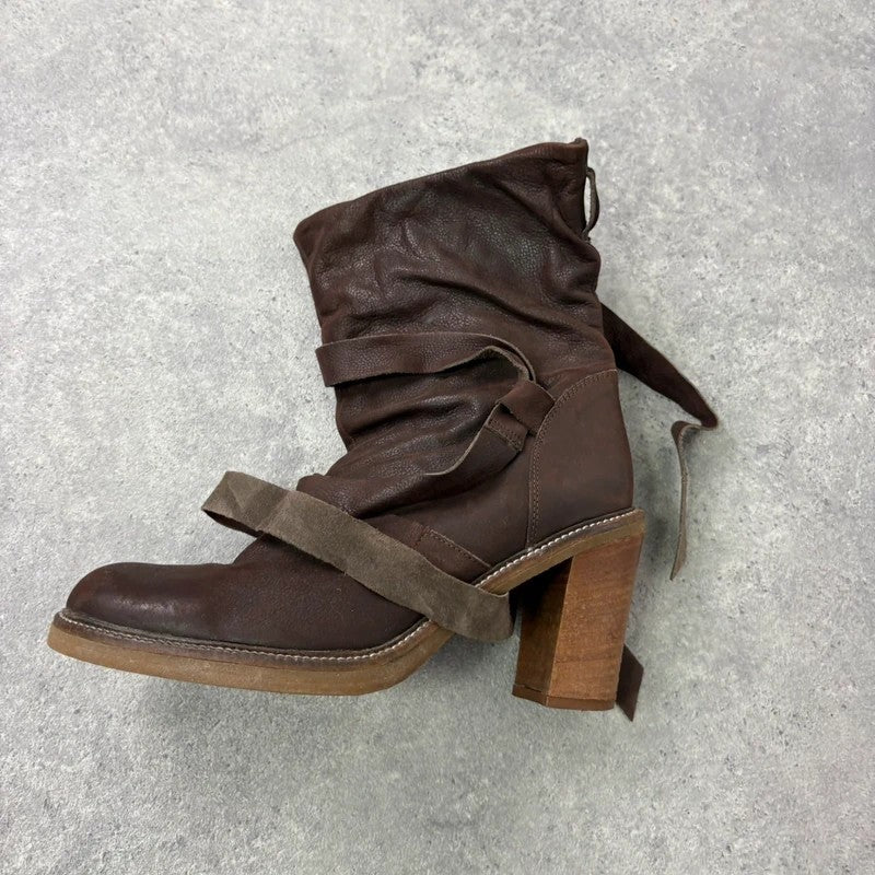 Chunky brown leather wrap around boots