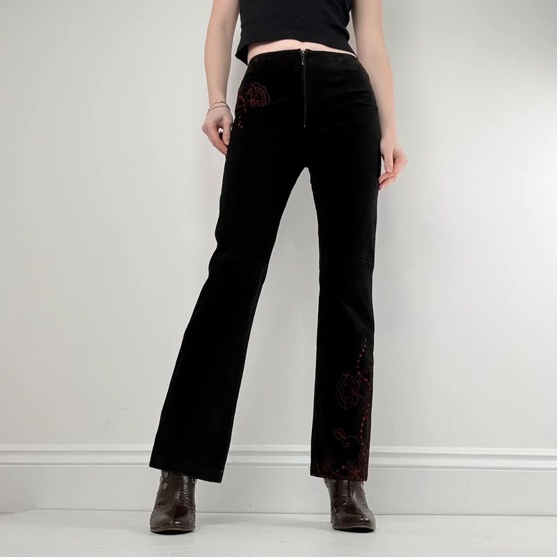 black suede embroidery flared trousers