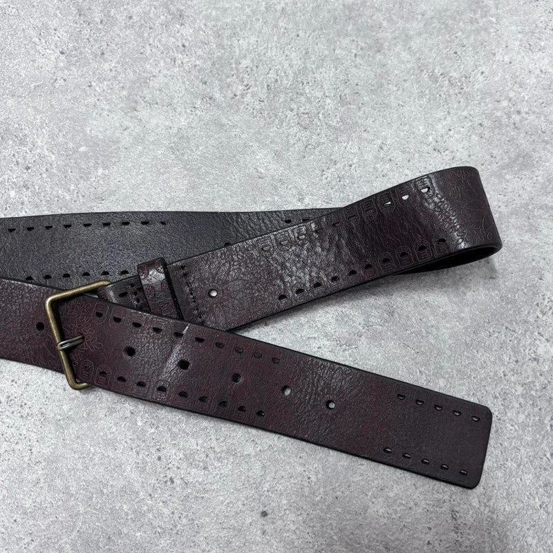 brown leather flower engraved belt