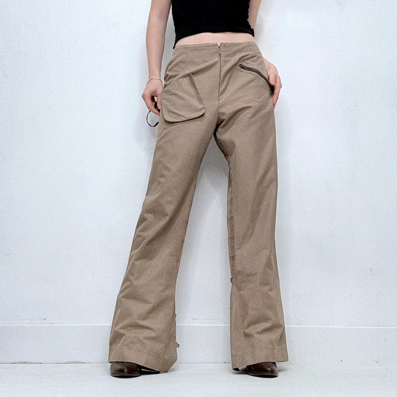 tan utility flared checked trousers