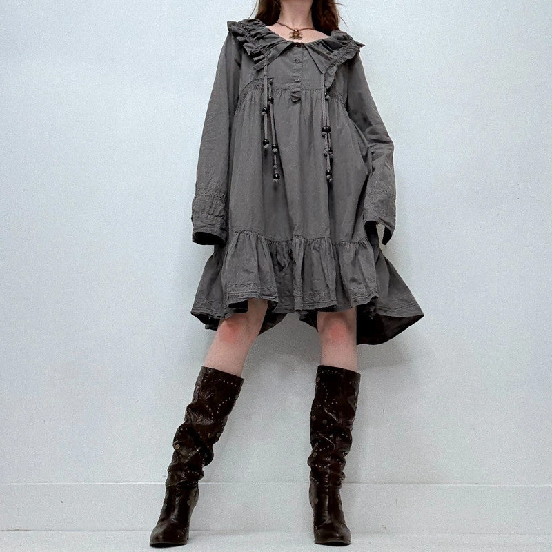 grey pleated puff shirt dress