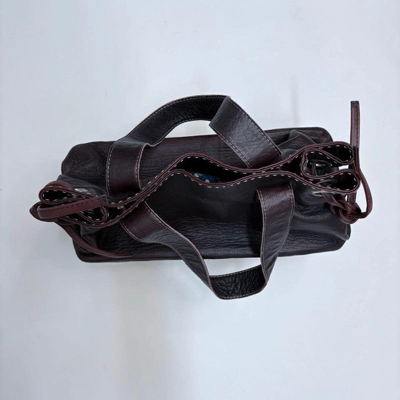 brown leather rattan basket bag