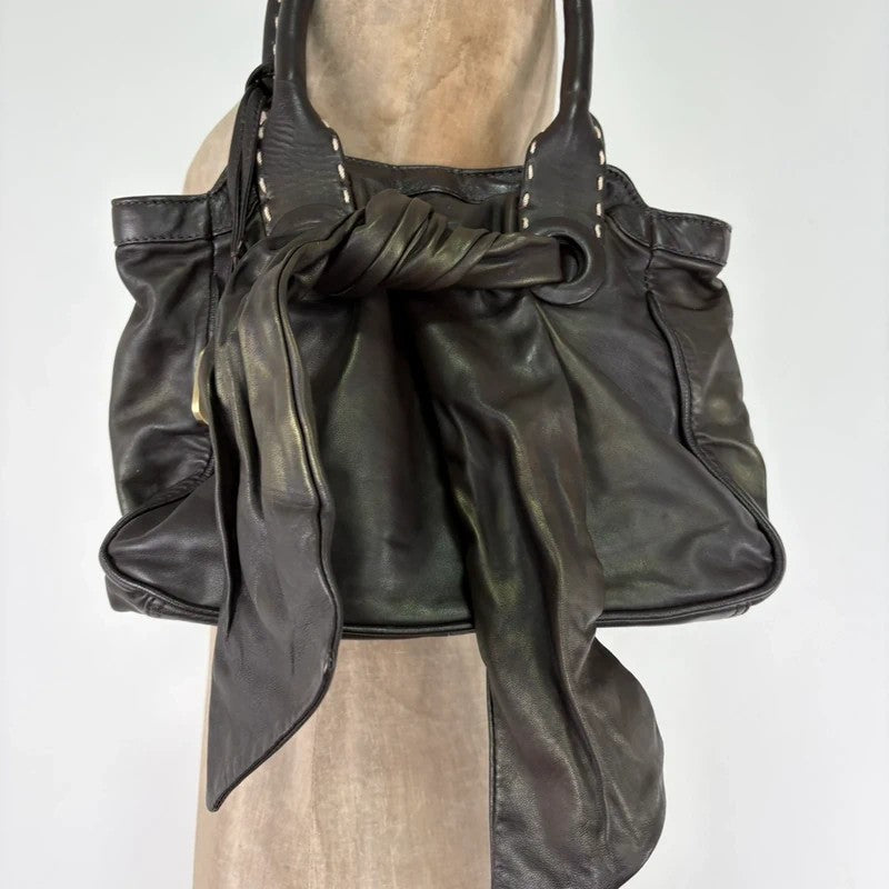 brown leather shimmer bow slouchy Y2K hobo handbag