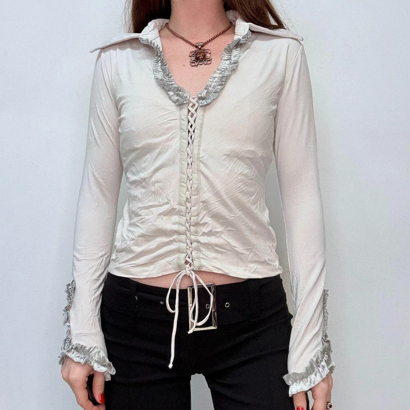 white lace up corset crinkle shirt