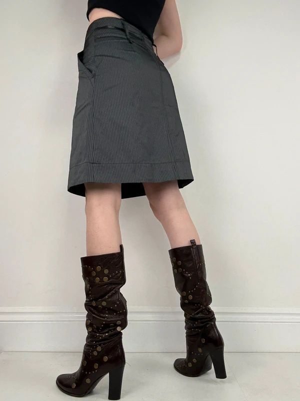 grey pinstripe flared pleated midi skirt