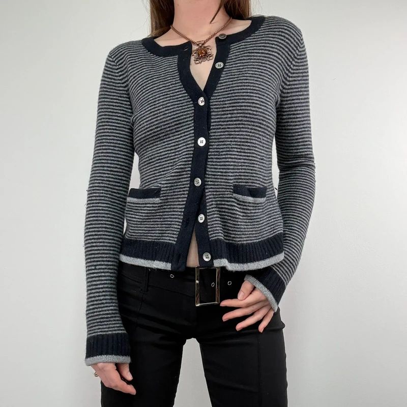 navy pinstripe button up cardigan crewneck