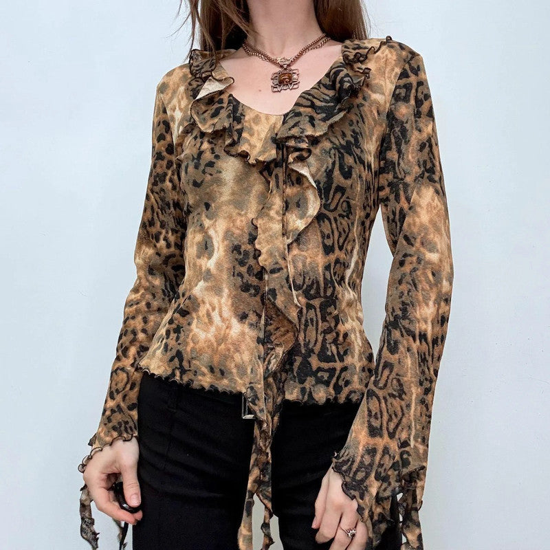 flutter ruffle flared leopard blouse