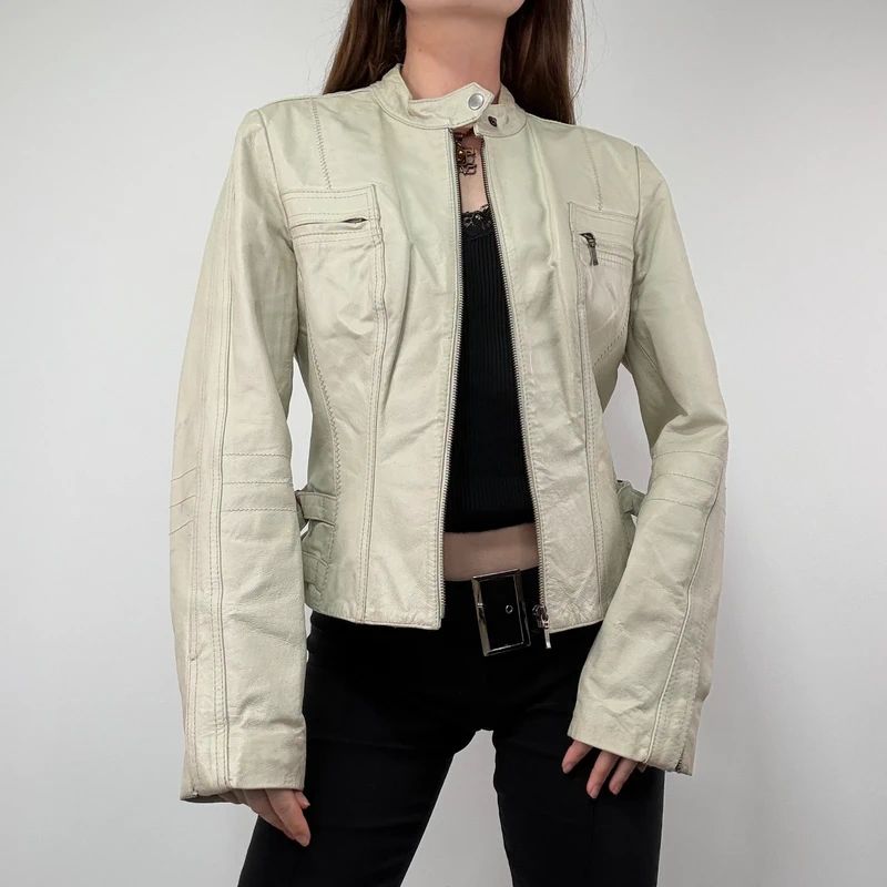 Cream Cropped Leather Biker Jacket