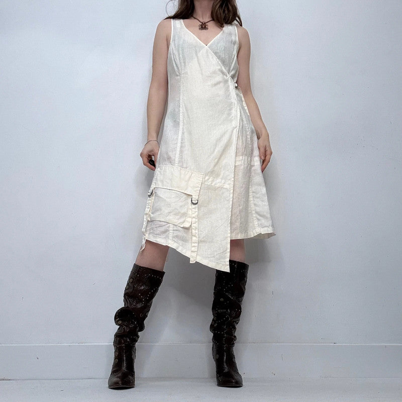 white linen utility wrap dress