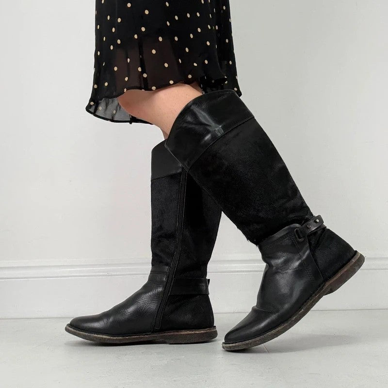 Black leather cowhide pony skin knee high boots