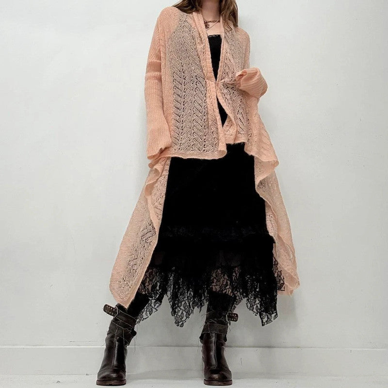 sheer pink mohair long knit cardi