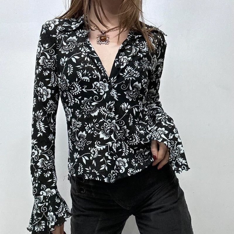 black floral sheer mesh lace shirt