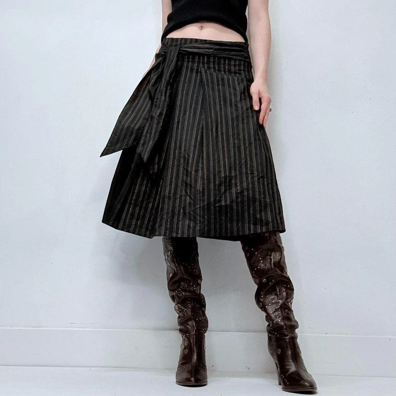 black pinstripe flared midi skirt
