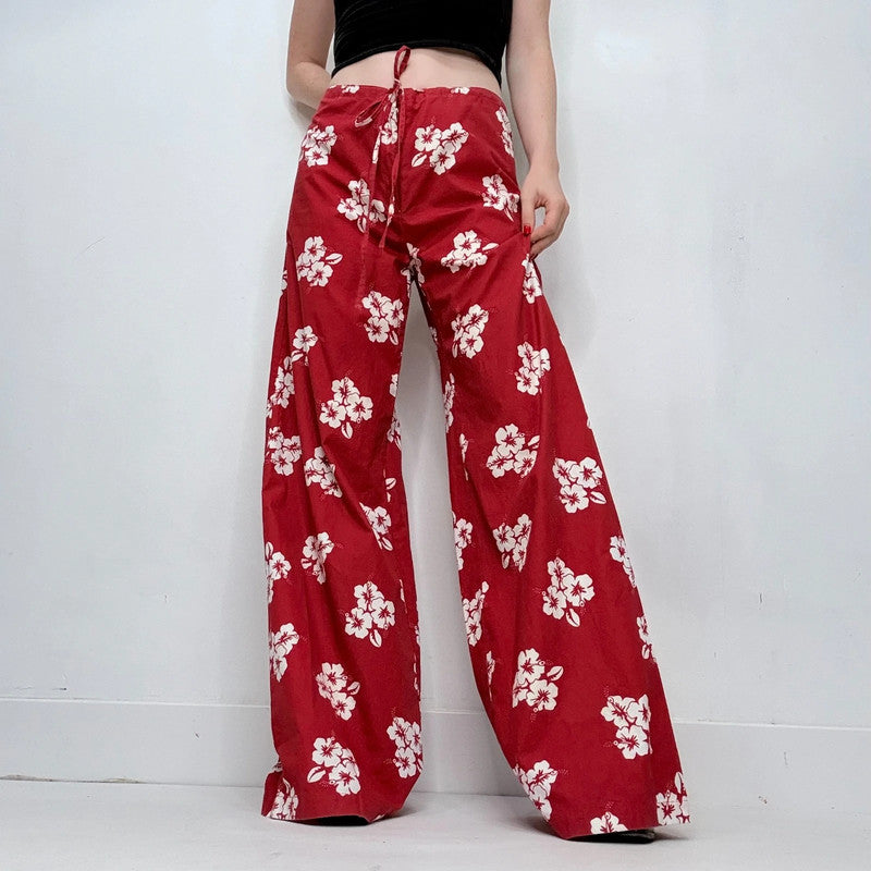 red cotton wide leg printed trousers