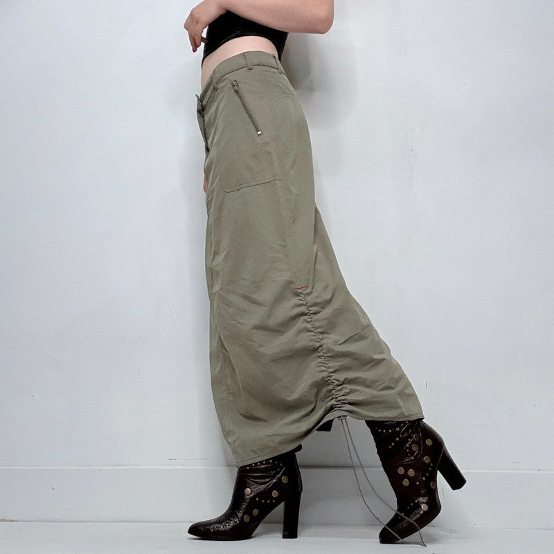 khaki gathered cinched maxi skirt