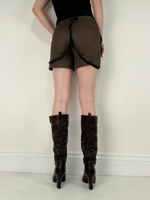 brown mini shorts with braces