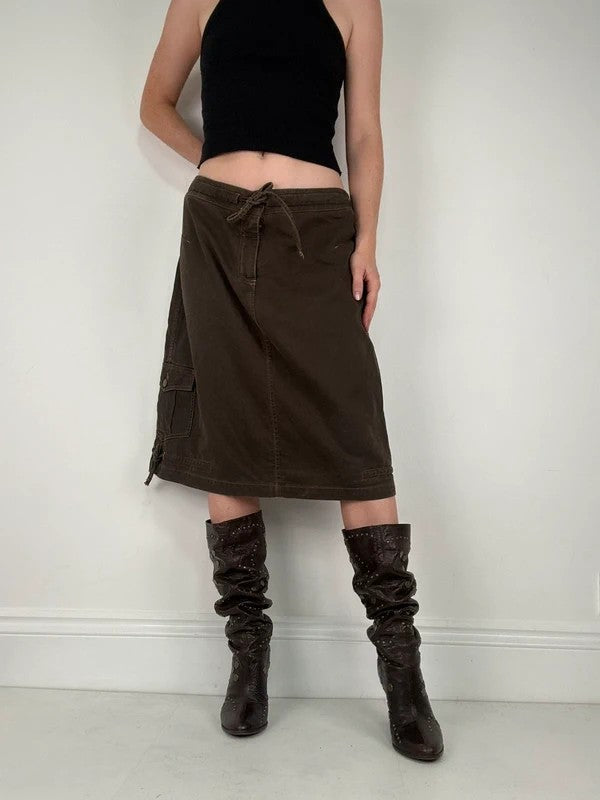 brown khaki pinstripe a-line midi skirt