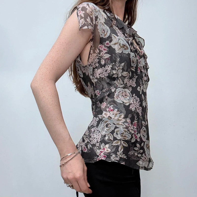 sheer floral flutter silk bias cut top