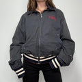 navy bomber jacket, thick striped waistband