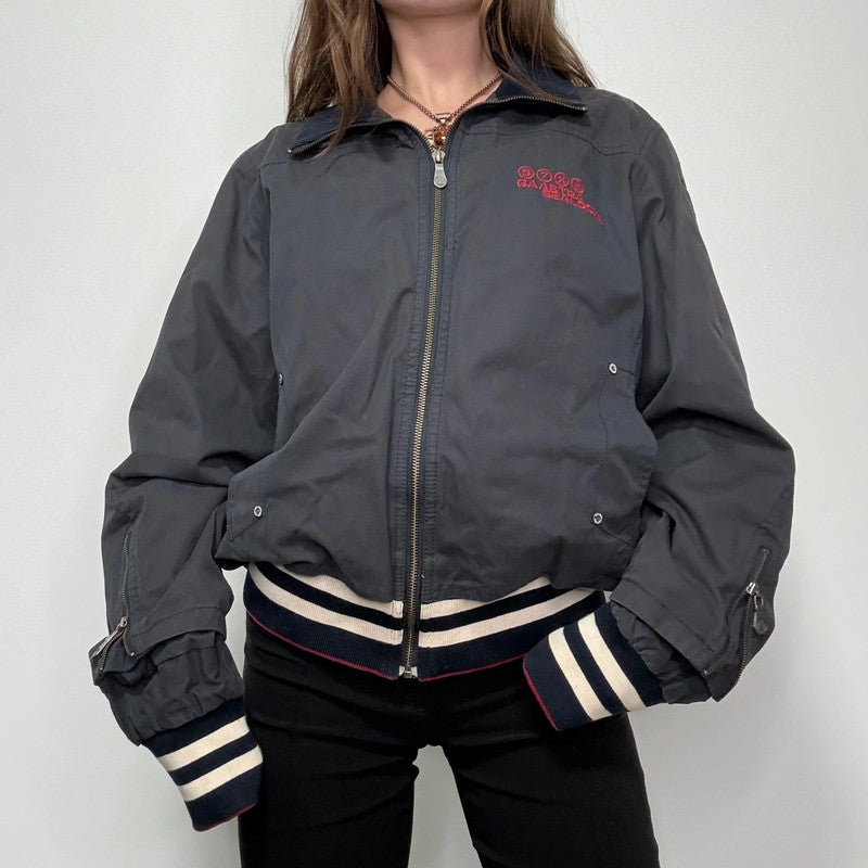 navy bomber jacket, thick striped waistband